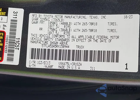 2024 Toyota Tundra Sr5 4Wd z USA, uszkodzony, nr VIN 5TFLA5DA5RX150944